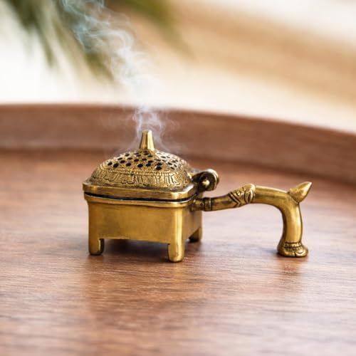 Image of ExclusiveLane 'Divine Aroma' Brass Incense Burner with Handle (100% Pure Brass, 6.3 Cm, 0.45 Kg, Hand-Etched) | Sambrani Holder Loban Dani Dhoop Holder Dhoop Dani Loban Burner
