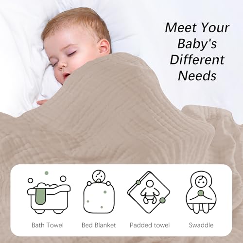 Image of SWEET DOLPHIN Muslin Baby Bath Towels Blanket - 2 Pack 100% Cotton Towel for Babies, Infants, Toddlers - 40x40Inch - Highly Absorbent, Brown