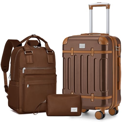 Image of LARVENDER Luggage Sets 3 Piece Expandable Carry on Luggage 22x14x9 Airline Approved Hardshell Suitcase with Wheels TSA Lock, Lightweight Suitcase Set for Women with Travel Backpack, Maple