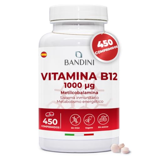 Bandini® Vitamina B12 1000mcg 450 Comprimidos Veganos (+14 Meses), Metilcobalamina pura 1000µg, Vitaminas B 12 Reduce Cansancio y Fatiga, Contribuye al Funcionamiento Normal del Sistema Inmunológico