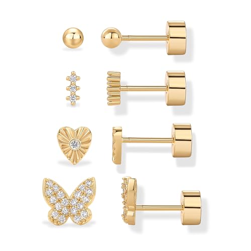 Image of PAVOI 14K Gold Plated Dainty Flat Back Earrings for Women, Piercing Studs | Hypoallergenic Stud Earrings with 925 Sterling Silver Posts, Motif Flatback Screw Back Helix Cartilage