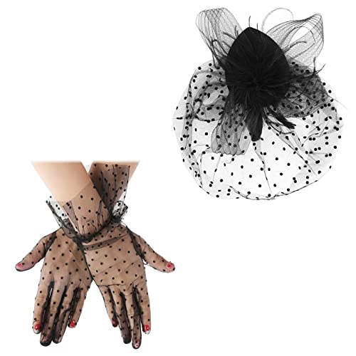 Yolev Fascinator Hat Faux Feather Mesh Veil Hat Short Lace Glove 50S Costume Accessories For Women Wedding (Spotted) Black #TOP6