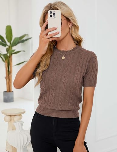 Image of Libsorge Womens Cropped Short Sleeve Sweater Fall 2025 Crewneck Sheer Knit Tops - Lightweight, Thin, Crop, Slim Fit
