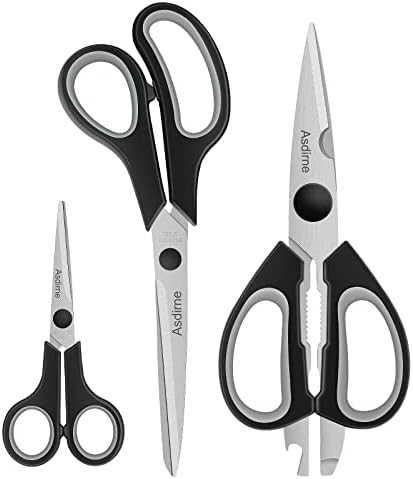 Asdirne Scissors Bundle, Kitchen Scissors with Sharp Stainless Steel Blades and Soft Handles, All Purpose Scissors Set, 3Pcs, 8.5"/8.5"/5.5", Black/Grey