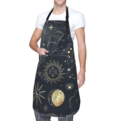 Fenmshairy Sun Moon Astrolabe Waterproof Bib Apron with 2 Pockets, Adjustable Neck Kitchen Chef Apron for Cooking Baking BBQ