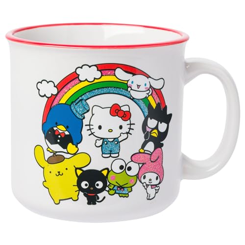 Silver Buffalo Sanrio Hello Kitty and Friends Featuring My Melody, Keroppi, Chococat, Pompompurin, Tuxedo Sam, Cinnamoroll, and Badtz-Maru Rainbow Glitter Ceramic Camper Mug, 20 Ounces by Silver Buffalo - Used condition - CA$45.91