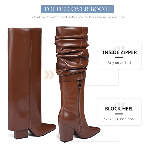 Vaslemuse Knee High Boots for Women Fold Over Pointed Toe Shark Tall Boots Block Low Heel Long Boots with Side Zipper - Brown 9.5 by Vaslemuse - Image 9