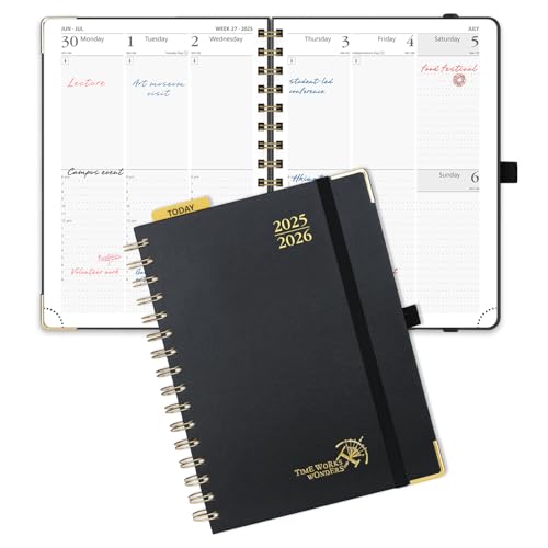 POPRUN Academic Planner 2025-2026 (July 2025-June 2026), Daily Weekly and Monthly Appointment Book (Wirebound Hard Cover - 6.25'' x 8.5'') with Hourly Time Slots, Tabs, 100 GSM - Black