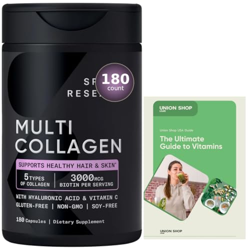 Multi Collagen Complex with Vitamin C & Hyaluronic Acid - 5 Types of Collagen for Hair Skin Nails & Joint Support - Non-GMO Gluten-Free - 180 Count + Exclusive Vitamin Guide