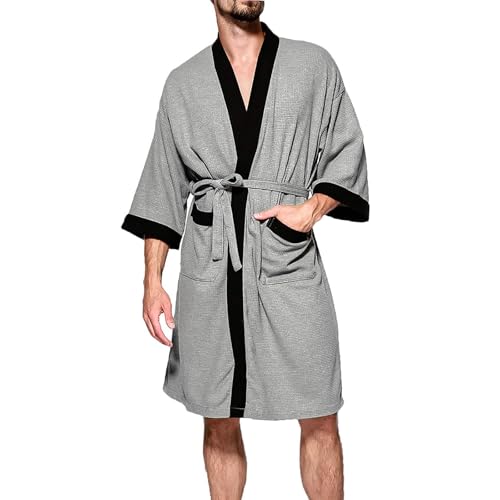 CRETUAO Peignoir de Bain Homme ete Légère, 100% Coton robe de chambre chic homme Leger Kimono sortie de bain Absorbant l'eau Respirant yukata homme pour Douche Natation Maison,Gray black,M