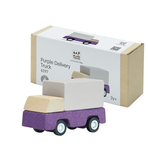 Image of PlanToys Purple Delivery Truck Wooden Montessori Vehicle Toy | Early Movement, Imagination and Practical Life Exploration | Eco Friendly Truck for Indoor and Outdoor Play