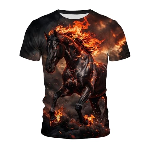 Mens Black Fire Running Horse Graphic T-Shirt Wild Flame Black Stallion Short Sleeve Crewneck Casual Tee Edgy Fantasy Streetwear Lightweight Breathable Summer Tops for Men X-Large