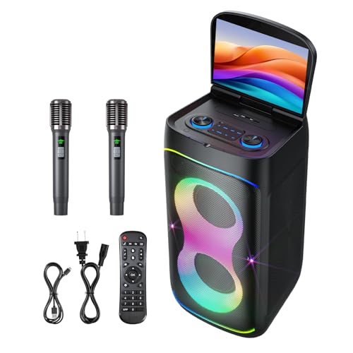 Smart Karaoke Machine with 10.1 Inch Screen, with Lyrics Display, Build-in Karaoke APP, 300W Powerful Speaker, 2 Wireless Microphones, for Family or Friend Party (X1)