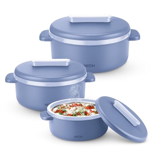 MILTON Micronova Jr. Gift Set Inner Stainless Steel Casserole, Set of 3 (380 ml, 775 ml, 1345 ml), Light Blue, BPA Free, Food Grade, Hot and Cold, Mic