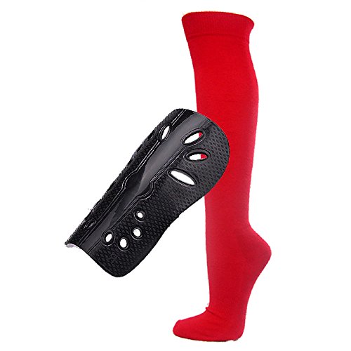 COUVER Polyester Soccer Knee High Socks with Black Shin Guards Shin Protector