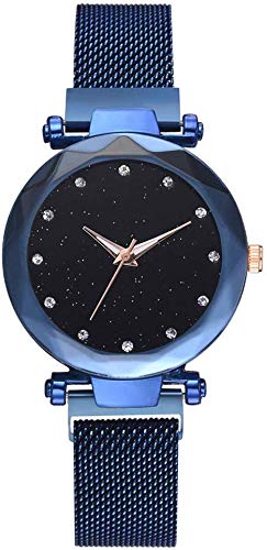 Preisvergleich Produktbild Damen-Armbanduhr Quarz-Armbanduhr mit rundem Zifferblatt eingelegte Strass-Steine Sternenhimmel-Uhr mit magnetischer Schnalle für Elegante Frauen, Blau