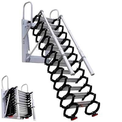 12 Steps Attic Ladder Pull Down System-10.17FT Titanium Wall-Mounted Folding Magnesium Alloy Attic Stairs, Retractable Collapsible Ladder with Armrests, NOT Suitable for Ceiling(Black)