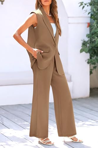 Image of PRETTYGARDEN Women's 2 Piece Outfits Sleeveless Suit Vest and Wide Leg Pants Business Casual Blazer Sets