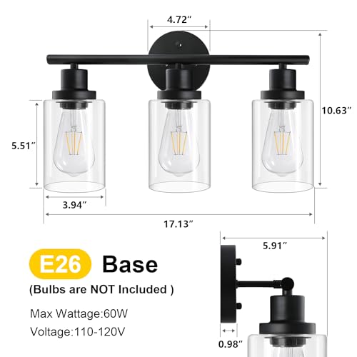 Image of Unicozin Modern Bathroom Light Fixtures, 3 Light Vanity Lights, Black Wall Lamp with Clear Glass for Bathroom, Mirror, Living Room, Bedroom, Hallway, E26 Base