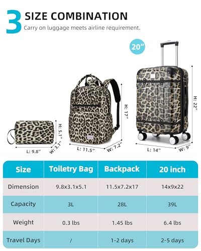 Image of LARVENDER Luggage Sets 3 Piece Expandable Carry on Luggage 22x14x9 Airline Approved Hardshell Suitcase with Wheels TSA Lock, Lightweight Suitcase Set for Women with Travel Backpack, Cheetah