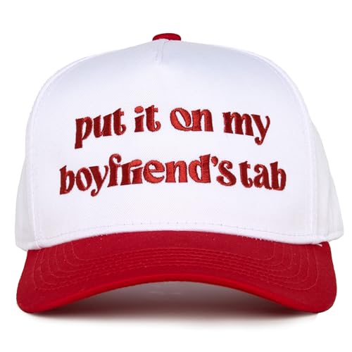 Funky Junque Cute Trucker Hat for Women Vintage Embroidered Two Tone Adjustable Dad Hat - Put It on My Boyfriends Tab - Red/White