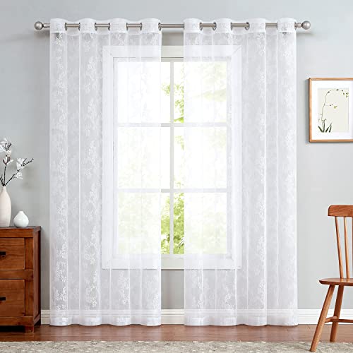 Sheer Curtains Window Drapes For Bedroom Living Room Grommet Rose Lace Retro Style Vintage To Light Filtering Airy Set Of 2 Panels 84 Inch White #TOP6