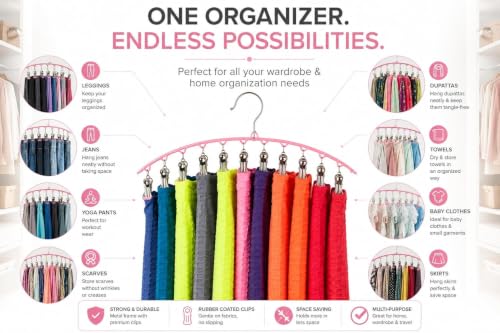 Image of Vastra Leggings Organizer for Closet, Metal Pants Hanger with 10 Rubber Coated Clips, Space Saving Wardrobe Organizer for Leggings, Jeans, Scarves, Dupattas, Towels & Baby Clothes (4, Pink)