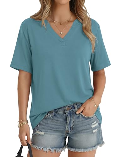 Image of Aottori V Neck Tops Womens Short Sleeve Summer T Shirts Loose Blue-Green L