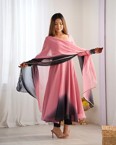 Image of GoSriKi Women's Georgette Anarkali Kurta Set with Dupatta | Elegant Pink Ethnic Dress | Flared Long Kurti for Festive