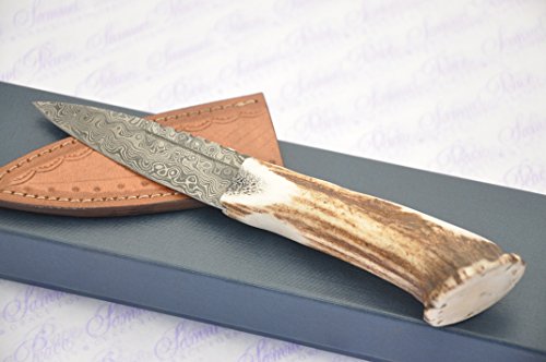 New Genuine Damascus Steel Full Crown Stag Handle Sheffield Sgian Dubh Boxed with Leather Sheath