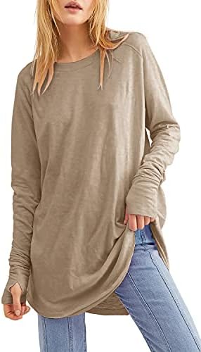 Fisoew Women's Casual Long Sleeve Tops Crew Neck Round Hem Loose T-Shirts Tunic Tops with Thumb Holes Khaki