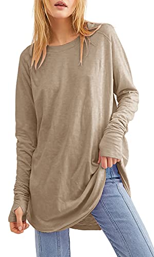 Damska bluzka z długim rękawem na co dzień z okrągłym dekoltem t-shirt luźna tunika topy okrągły brzeg sweter bluza bluzka z otworami na kciuk, Khaki, M