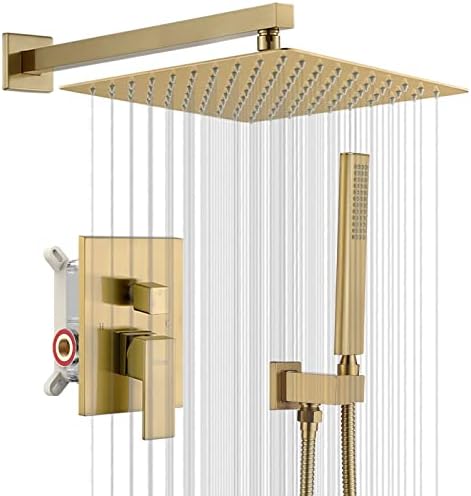 Iriber Champagne Bronze Rain Shower System with 12 Inch Shower Head and Handheld Bathroom Wall Mounted Brushed Golden Shower Set Contain Shower Faucet Mixer and Brush Gold Trim Kit (Valve Included)