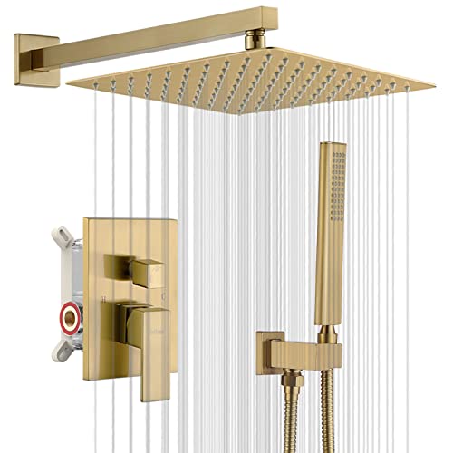 Iriber Champagne Bronze Rain Shower System With 12 Inch Shower Head And Handheld Bathroom Wall Mounted Brushed Golden Shower Set Contain Shower Faucet Mixer And Brush Gold Trim Kit (Valve Included) #TOP8