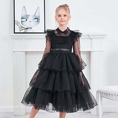 Sunny Fashion Girls Dress Black Lace Long Sleeve Organza Ruffle Polka Belt3