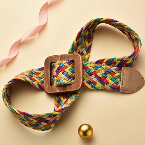 Uniquetotop Womens Linen Woven Waist Belts Boho Vintage Ladies Braided Wooden Style Buckle Elastic Stretch Waist Dress Band Skinny Dress Belt, Colorful, One Size #TOP1