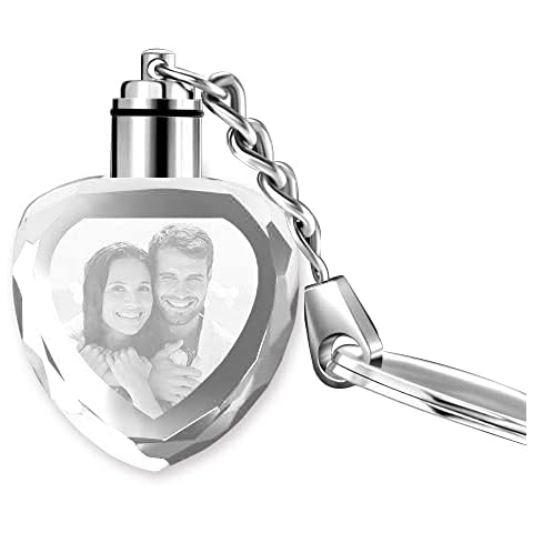 Funmii Personalised Crystal Photo Keychain Custom LED Laser Engraved Etched Crystal Glass Keyring for Him Anniversary Valentines Day Wedding Birthday Heart Cover