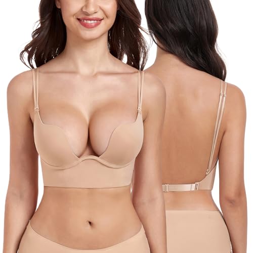 DotVol Women's Backless Multiway Convertible Low Cut Push Up Underwire Bra(Nude,32A)
