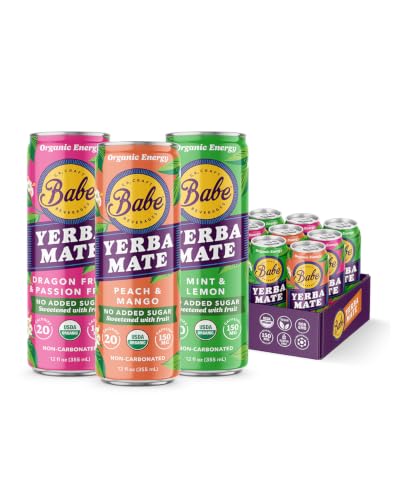 Babe Organic Yerba Mate Energy Drinks | NO ADDED SUGAR | 150mg Plant-Based Caffeine | Natural Yerba Mate Tea with No Crash, No Jitters - Variety Pack NO ADDED SUGAR (12 x 12oz Cans)