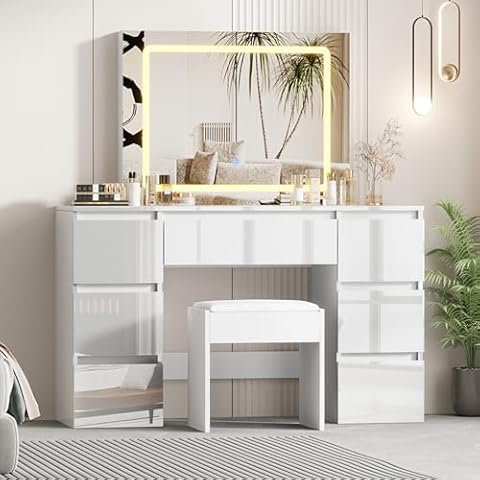 BSTSEL High Gloss 7 Drawers Dressing Table Set Cover