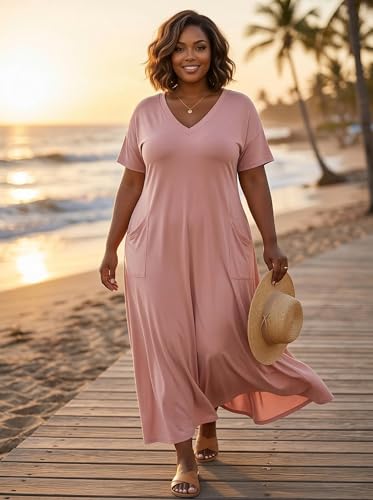 Image of SUZONANA Women Casual T-Shirt Dress V Neck Short Sleeve Solid Color Oversize Dress with Front Two Pockets