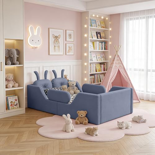 Image of Twin Size Kids Floor Bed Frame, Upholstered Montessori Platform Bed W /Removable Rails Cute Daybed Frame for Girls Boys, No Box Spring Required,Grey