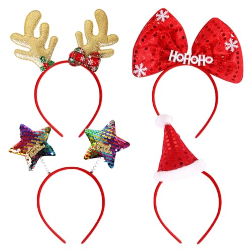 4 Stück Haarreifen Weihnachten, Weihnachtsmütze Rentier Geweih...