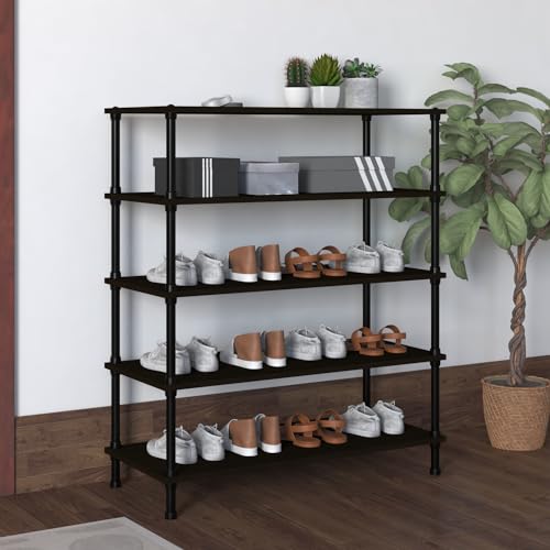 Image of TABLE MAGIC Jazz Shoe Rack Wooden Organizer | 5-Tier Multipurpose Shoes Stand for Home Wooden Shelves with & Steel Frame, Space-Saving Home Organizer, D30 x W60 x H85cm - Wenge