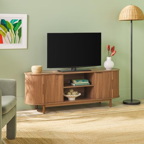 Modern Curved TV Stand for TVs up to 65 Inches with Sliding Doors and Adjustable Shelves
