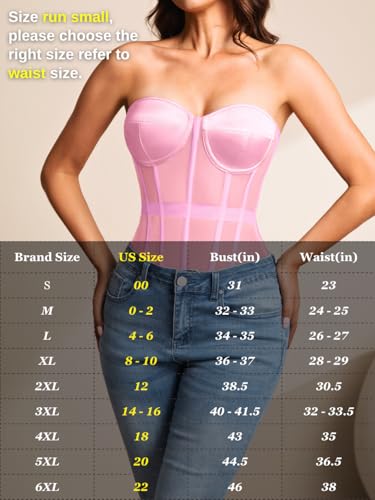 Image of Kaei&Shi Sheer Mesh Overbust Corset,Sexy Strapless Lace Up Satin Bra Corsets Top For Women Shapewear