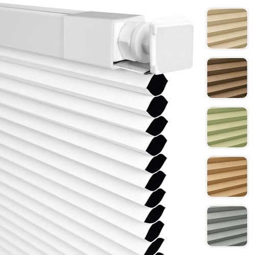 Shade&Beyond No Drill No Tools 34" W X 48" H Cellular Shades for Indoor Windows, Thermal Insulating & Noise Reducing Honeycomb Blinds, Cordless Free Stop Blinds Blackout, White(Custom Size)