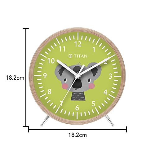 Image of Titan Wooden Kids Table Clock with Koala Cartoon Dial, Silent Sweep, Green Finish, Model T0004WA01 | 18.2 cm x 18.2 cm x 5 cm