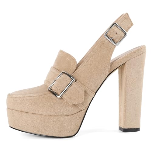 Image of Women's High Heel Loafers Platform Pumps Round Toe Heels Chunky Heel Pumps Stylish Comfortable 4.8 Inch Slingback Heels