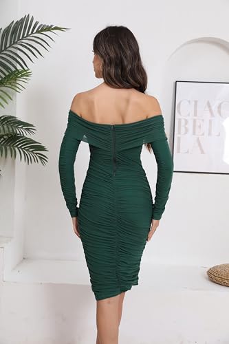 Image of Fooullaide Women's Sexy Off Shoulder Sleeveless Bodycon Ruched Midi Dress